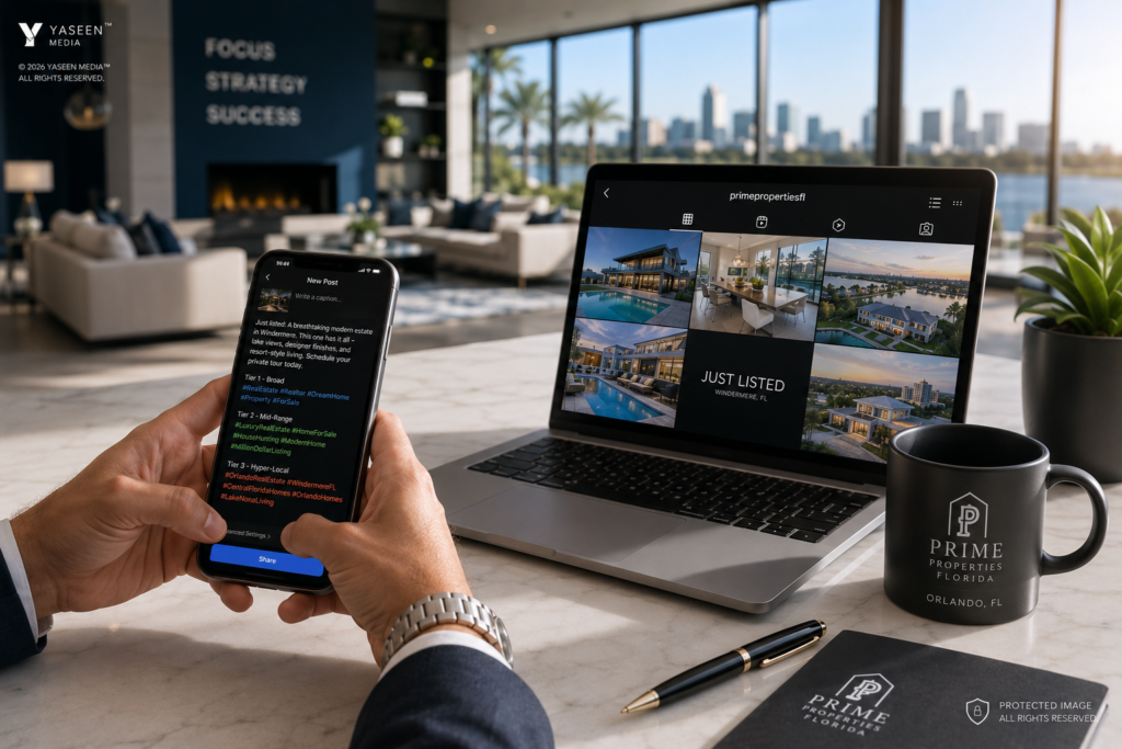 A professional real estate agent typing a property caption with a three-tier hashtag strategy on a smartphone at a modern desk.