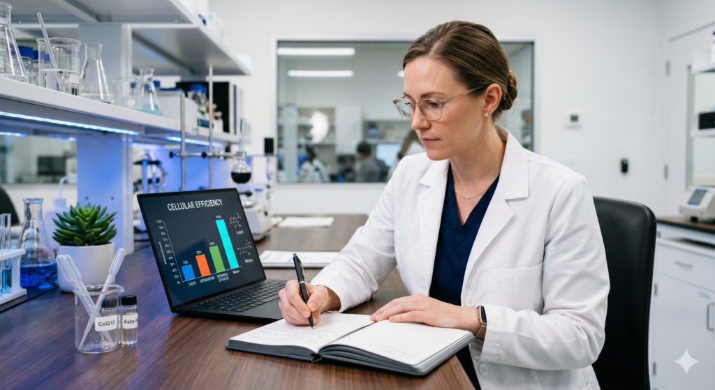 A female researcher reviewing clinical study data on mitochondrial biogenesis and botanical compounds on a laptop.