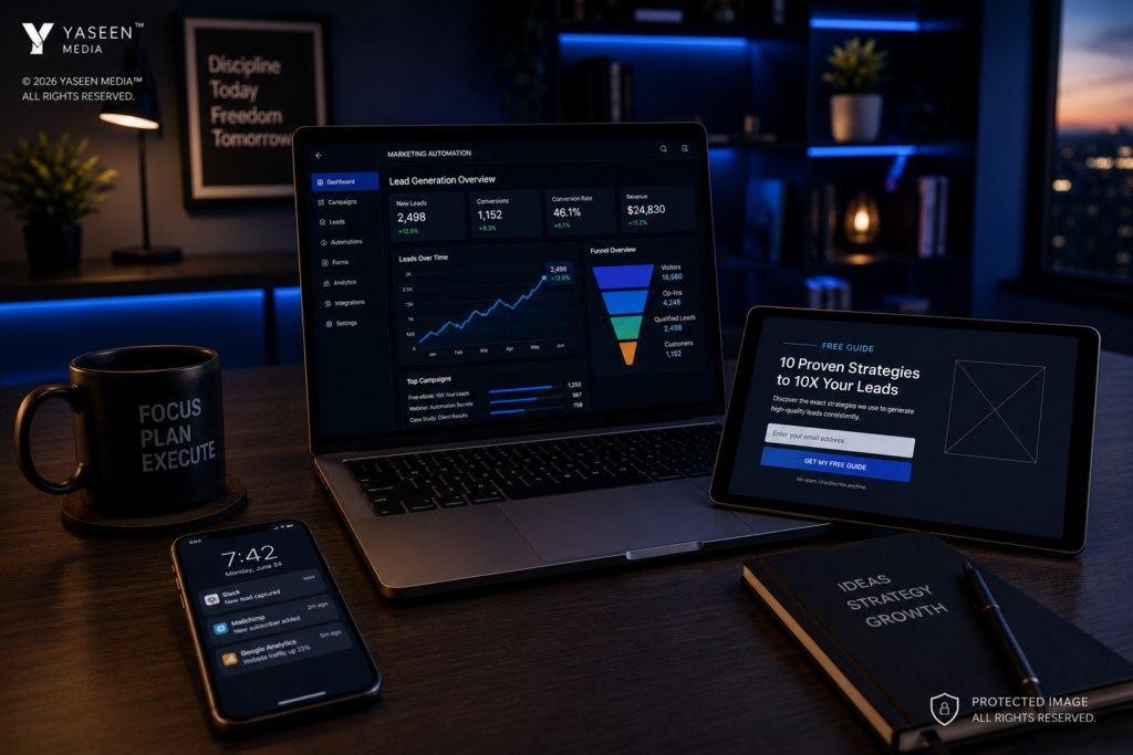 A sleek laptop screen displaying a marketing automation lead funnel dashboard on a modern workspace desk.