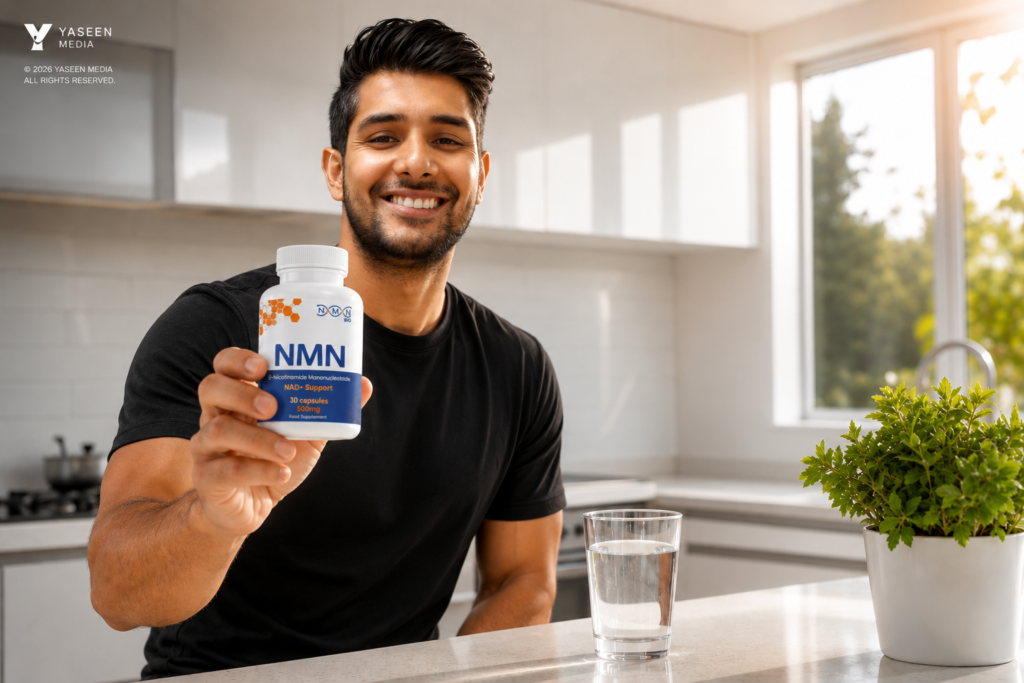 Adults over 40 in a bright morning kitchen taking high-purity NMN-BIO supplements for longevity and cellular energy.