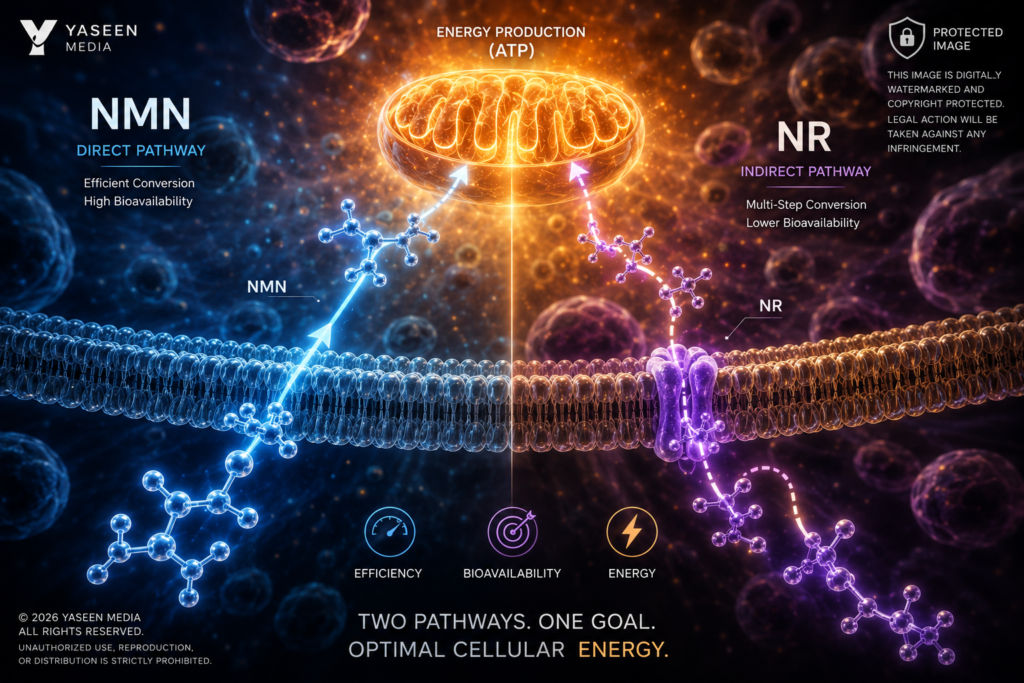 A clean visualization showing how NMN and NR molecules pass through cellular membranes differently to reach the mitochondria.