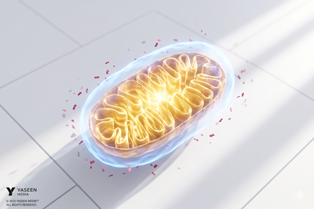A glowing 3D scientific visualization of a mitochondrion generating ATP energy while protected from oxidative stress.