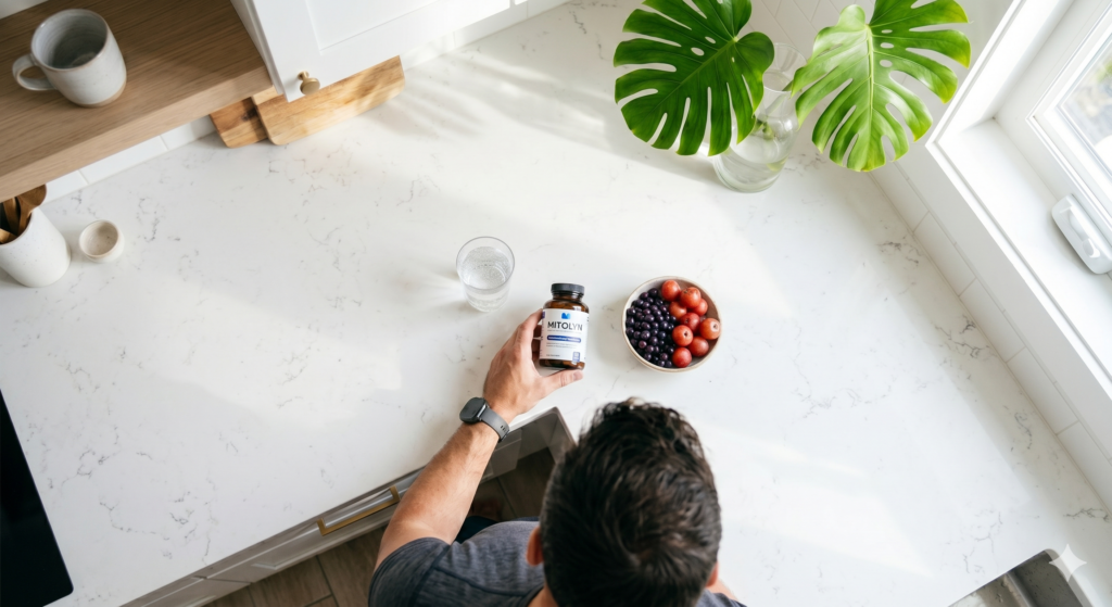 A man in his late 30s setting out a bottle of Mitolyn next to antioxidant-rich berries on a bright kitchen counter.