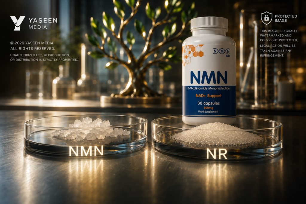 A close-up comparison shot of NMN crystals vs NR granules in separate petri dishes on a modern, sunlit laboratory workbench.