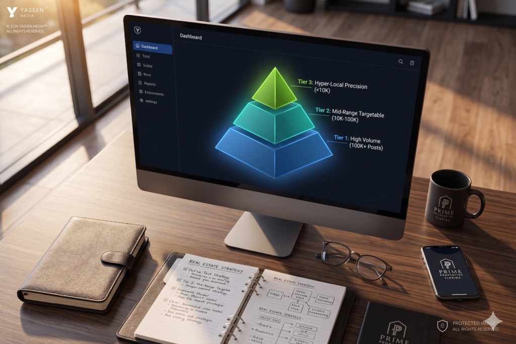 A digital dashboard displaying a 3D pyramid graphic representing the three tiers of a real estate hashtag strategy.