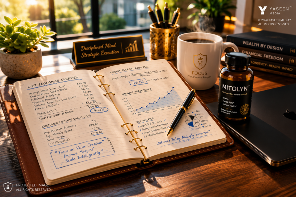 A professional home office desk with a ledger notebook calculating supplement bundle savings next to a single bottle of Mitolyn.