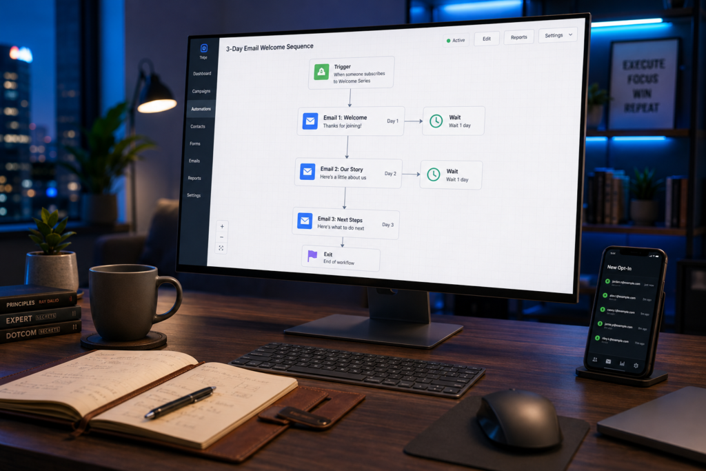 A modern home office desktop computer screen displaying a visual marketing automation flowchart for a 3-day welcome email sequence.