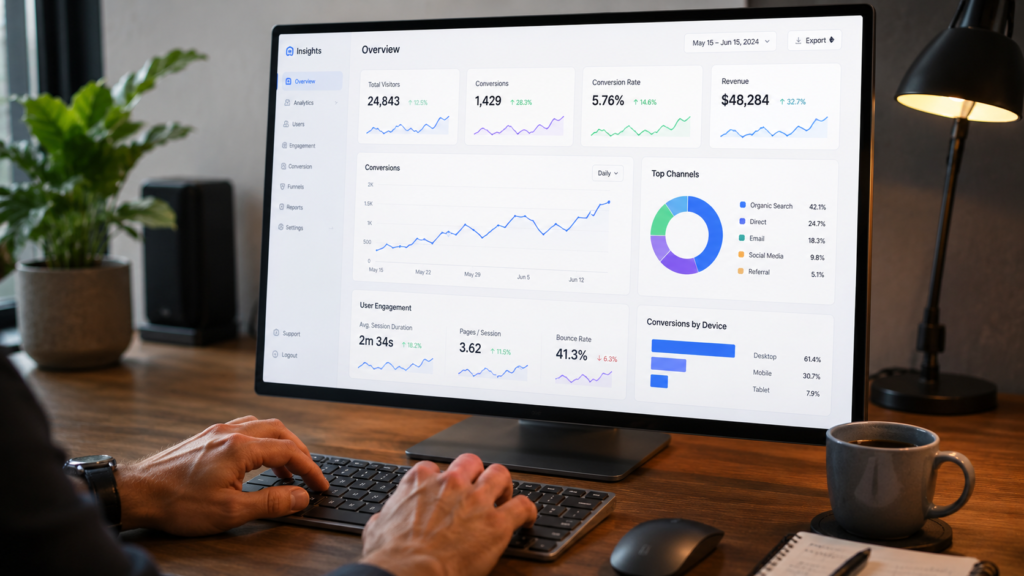 Close-up of hands typing in front of a computer monitor showing email marketing automation analytics and conversion charts.