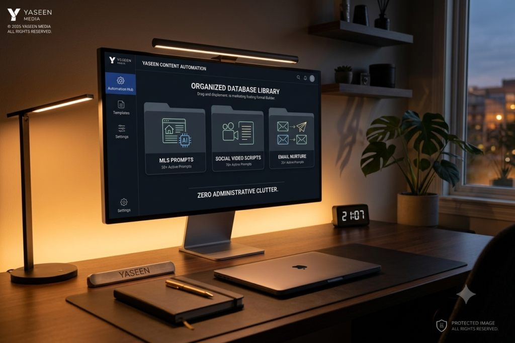 A widescreen monitor in a modern office at dusk showing an organized AI prompt library database for real estate automation.
