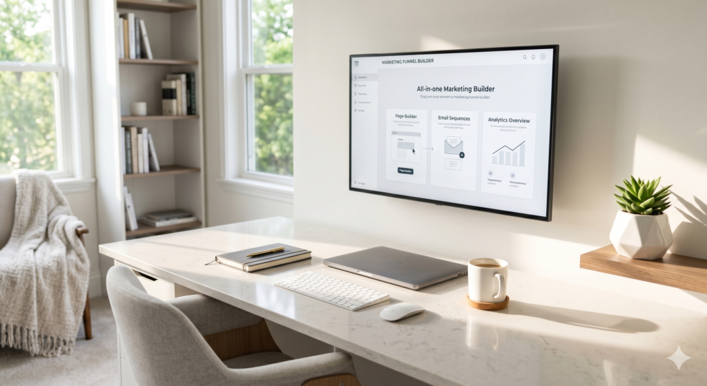 A minimalist home office desk with natural lighting and a monitor displaying a unified marketing dashboard.