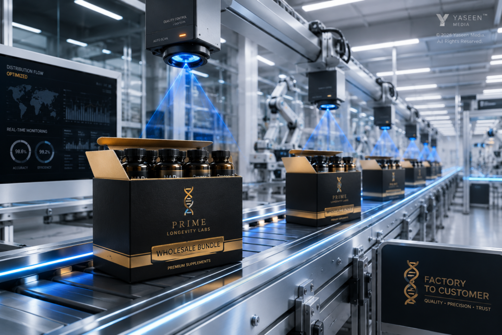 High-tech automated distribution line safely processing secure wholesale bundles of mitochondrial supplements under quality control monitoring.