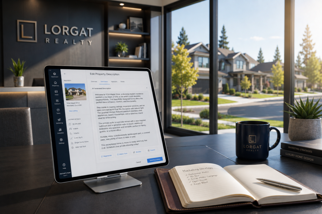 A modern real estate office workspace featuring a tablet displaying an automated MLS property description with an active editing interface.