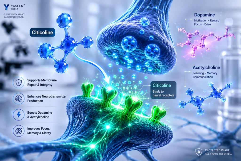 A medical illustration showing Citicoline refueling depleted acetylcholine and dopamine neurotransmitters in a brain cell synapse.