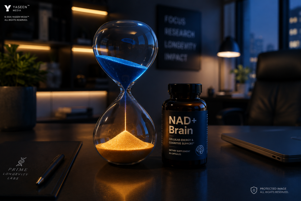 A glowing digital concept of an hourglass and an NAD+ Brain supplement bottle representing the natural reversal of afternoon brain fog.