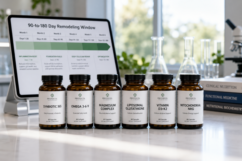 An organized row of six premium amber Mitolyn supplement bottles on a clean laboratory counter showing a multi-month cellular remodeling timeline.